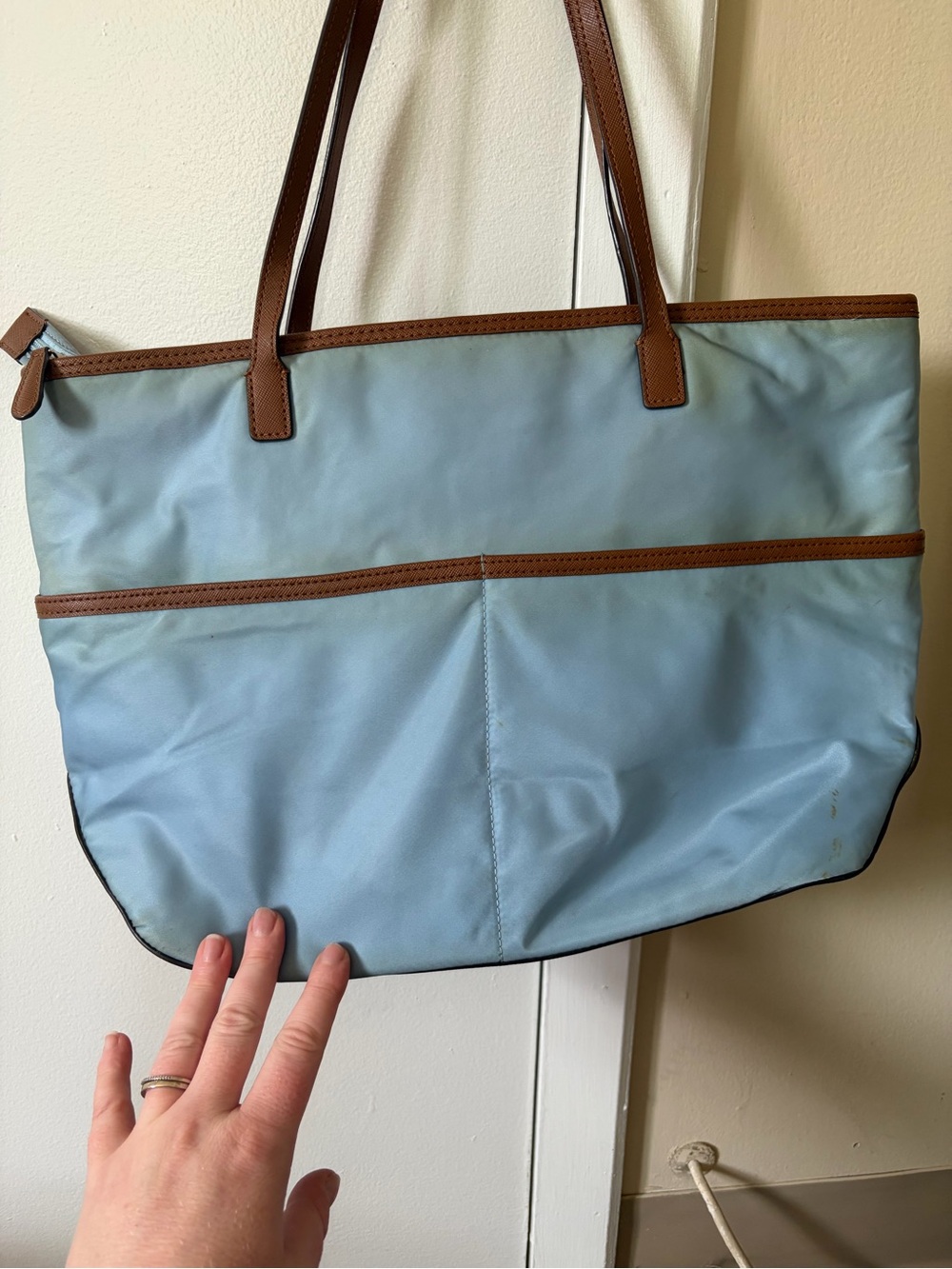 Michael Kors light blue nylon tote with brown leather trim - Picture 2 of 15